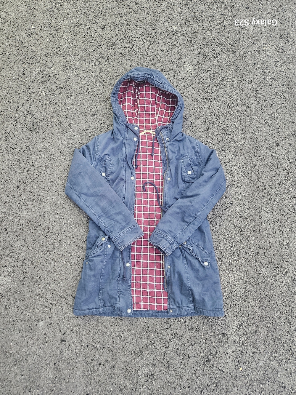 Hollister Navy Jacket with Burgundy Plaid Lining